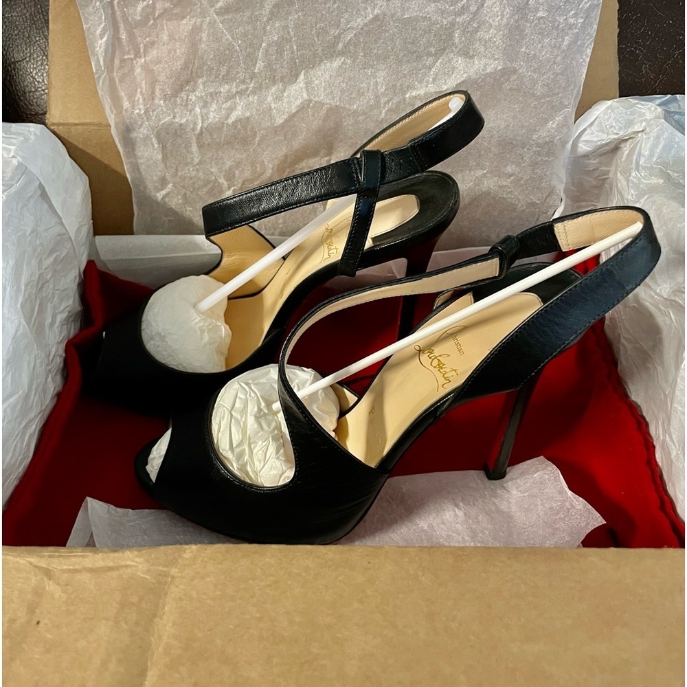 Christian Louboutin Black Leather Slingback Peep-Toe Heels